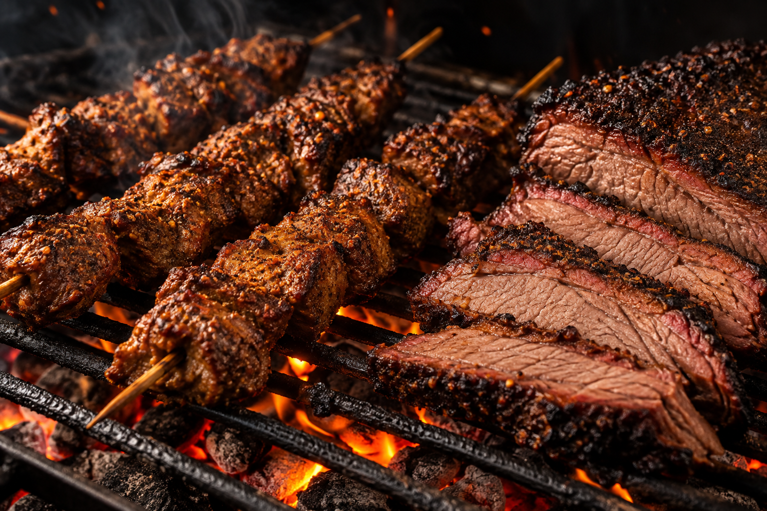 Illustration of dry-rub grilled meats over glowing embers